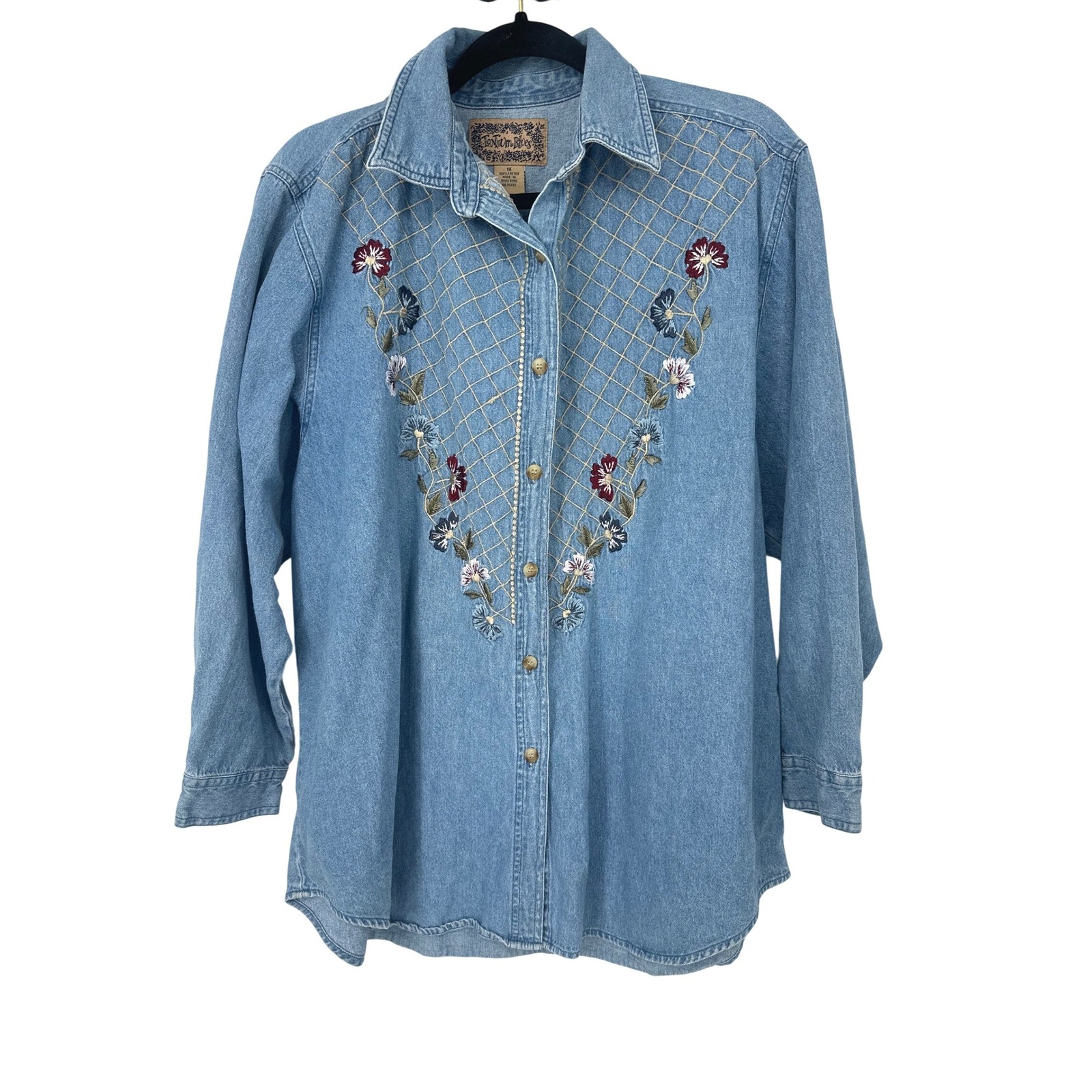 Vtg Tantrum Blues Denim Shirt Women 1x Floral Embroidered Cottage Western Boho